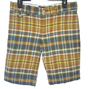 Ralph Lauren Sport Shorts Bermuda Plaid Mid Rise Cotton Womens Size 2 Tan Blue